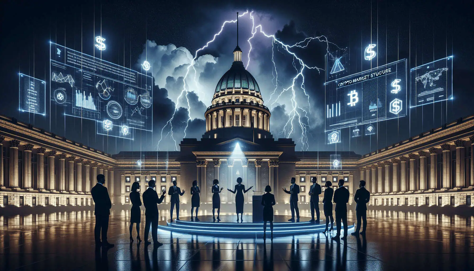 Surreal night scene at Capitol Hill with lawmakers under dramatic lighting debating crypto bills, storm clouds and holographic charts intensify the tension.