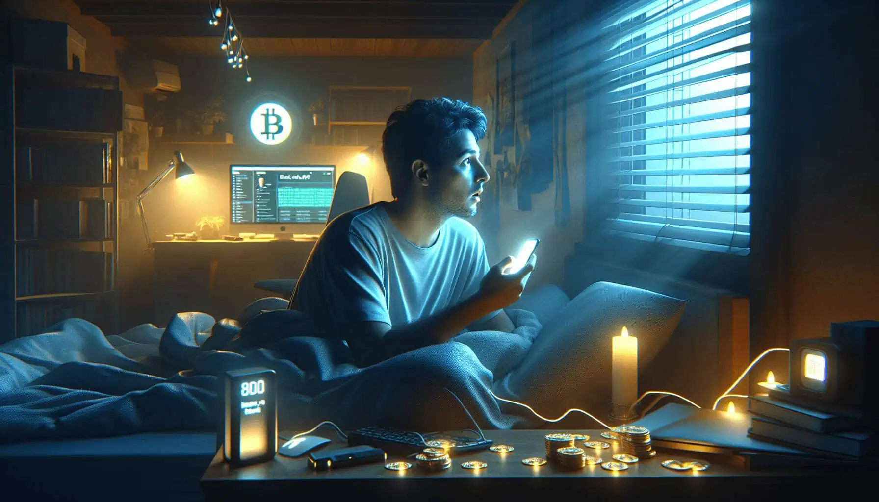 A stunned man in bed at dawn clutches his smartphone, lit by a Bitcoin mining dashboard, with tech gear and glowing miner in a cluttered room.