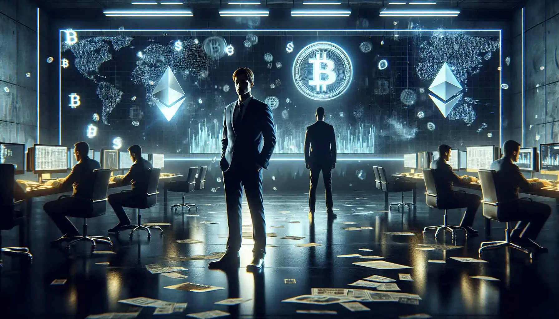 GameStop executive silhouetted in dark financial war room, facing Bitcoin symbol on screen, with fading NFT icon, Ethereum logos, and ghostly crypto charts.