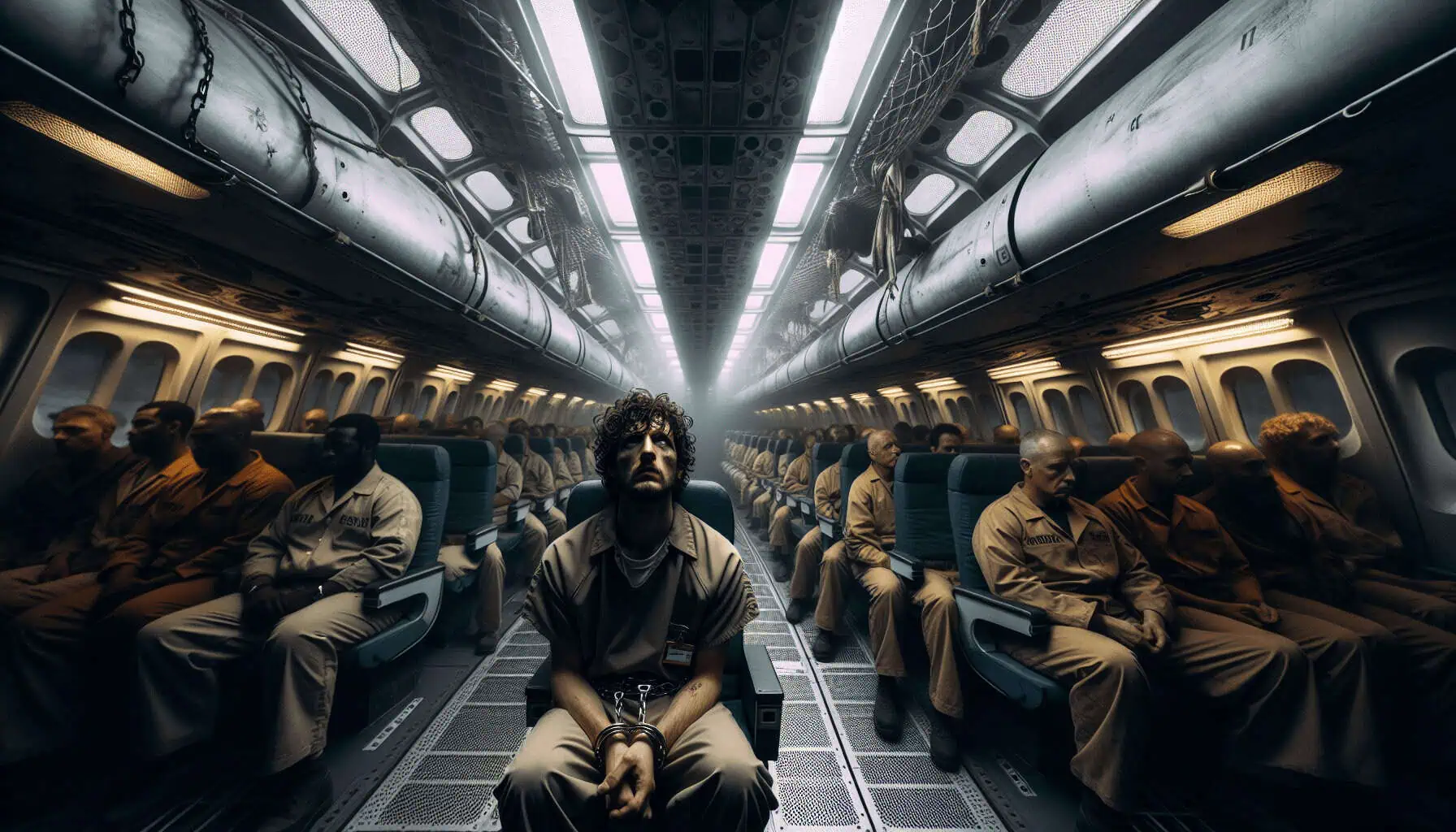 Sam Bankman-Fried shackled on a dimly lit prisoner transport plane, surrounded by inmates and federal marshals, en route to Oklahoma under bleak skies.