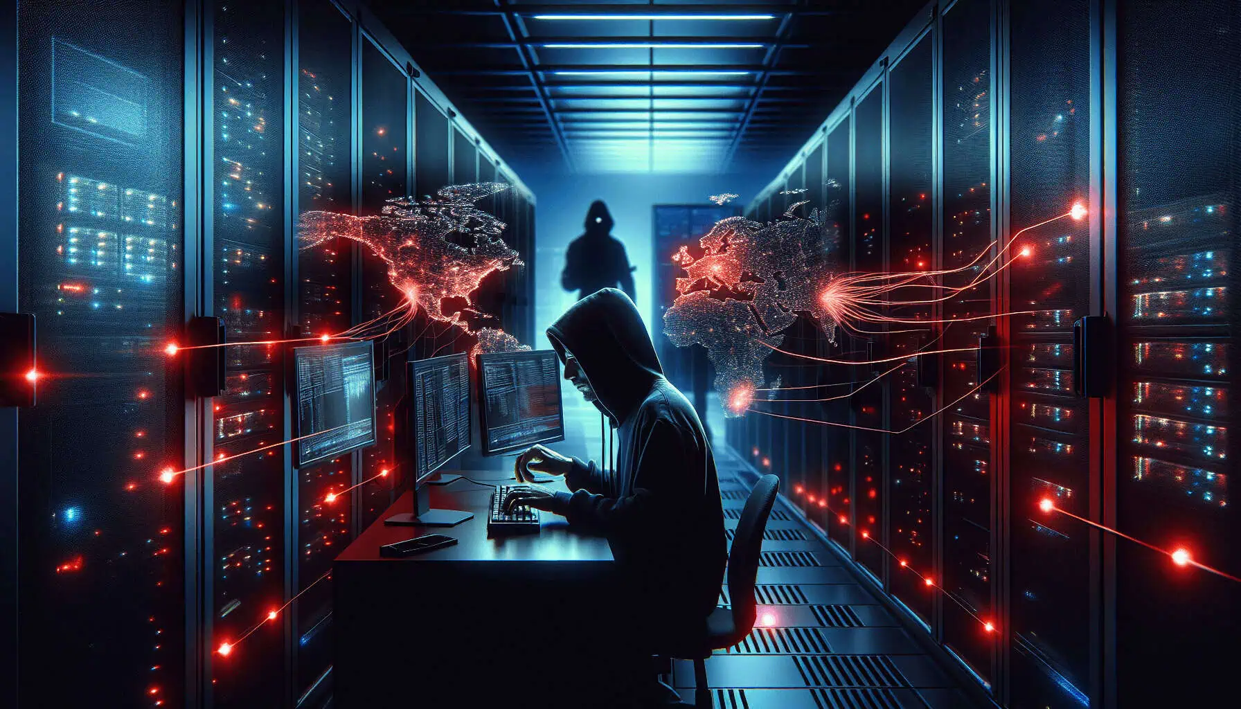 Cinematic image of a shadowy hacker in a dark server room, symbolizing Raspberry Robin malware aiding Russian cyber operatives with glowing map of Europe.