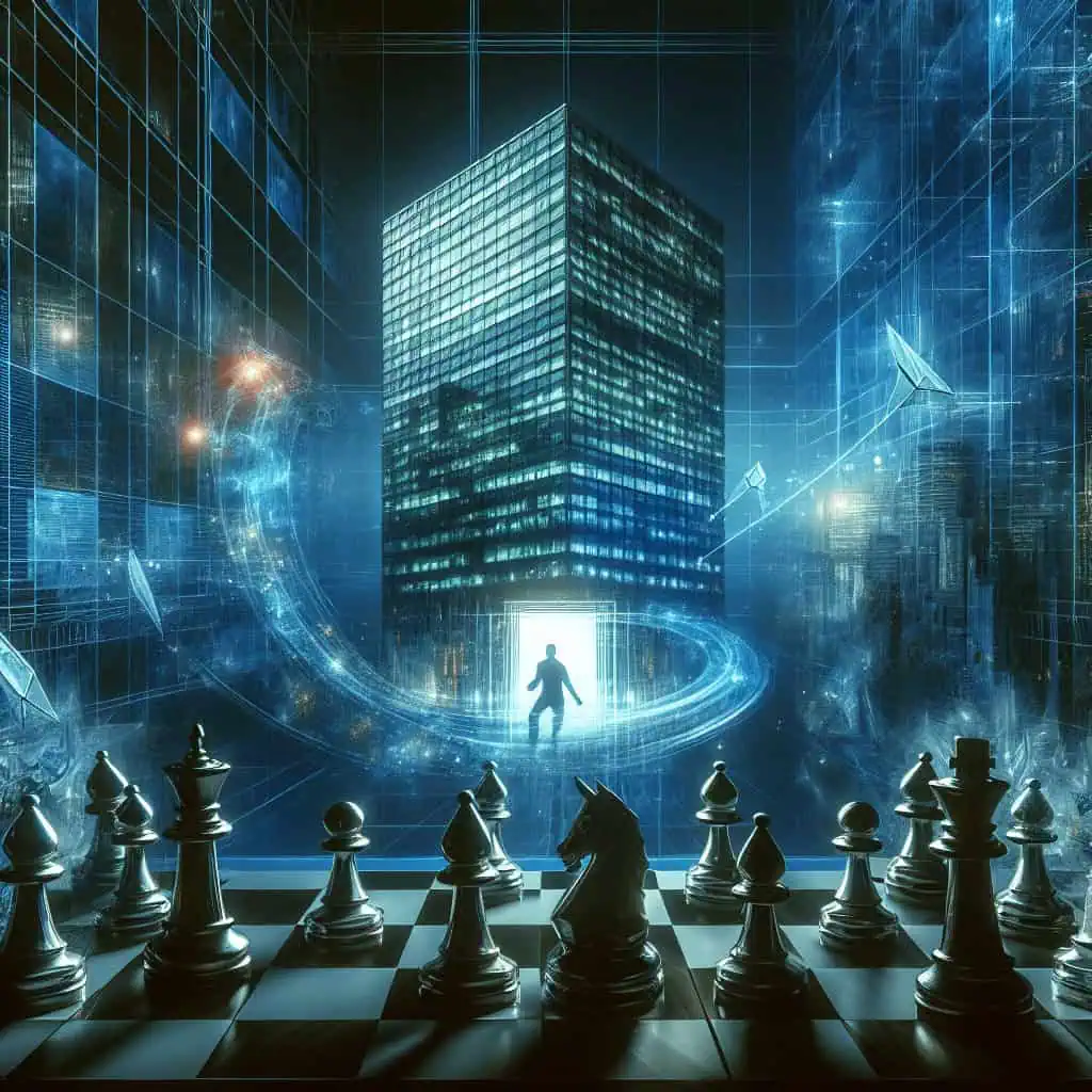 A cyberpunk cityscape with neon lights and crypto symbols projected on digital billboards.