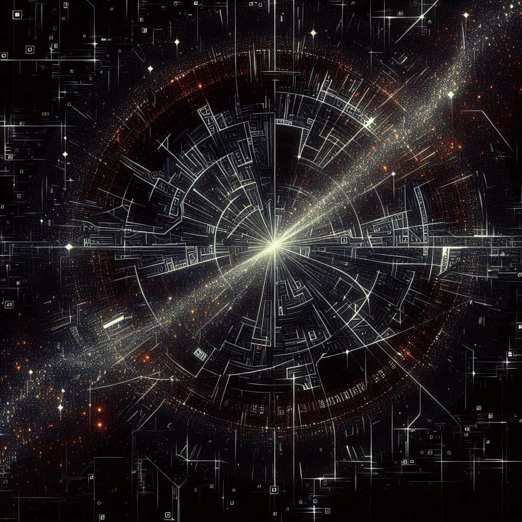 A futuristic scene depicting a cyberpunk bounty hunter amidst a complex network of glowing digital pathways.