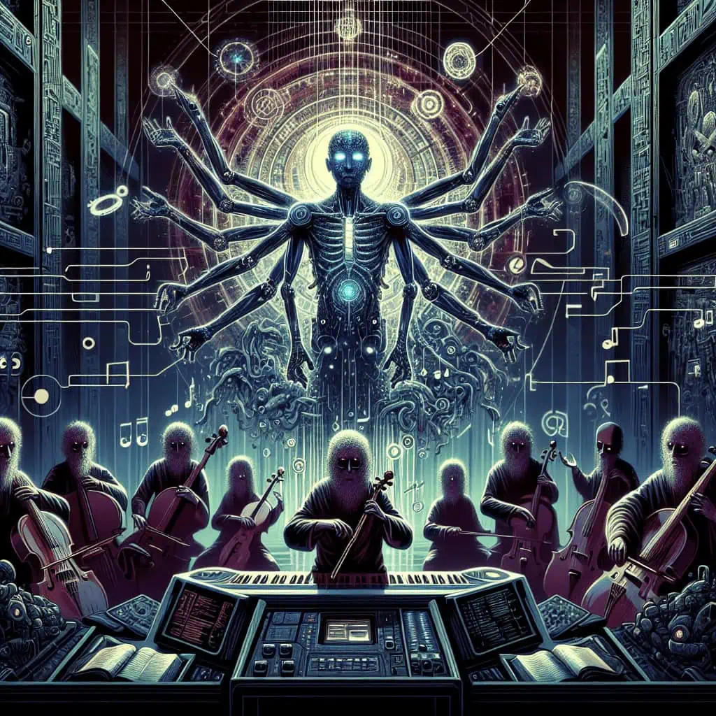 A futuristic scene depicting AI systems creating music in a high-tech studio.
