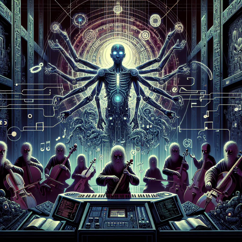 Image for: chatgpt_image_35c70692.png A futuristic scene depicting AI systems creating music in a high-tech studio.