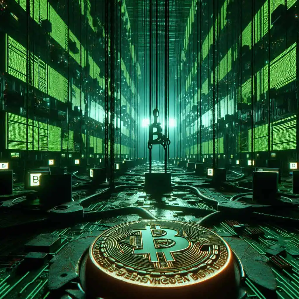 Futuristic cyberpunk cityscape with digital screens displaying Bitcoin and gold prices, illuminated by neon lights.