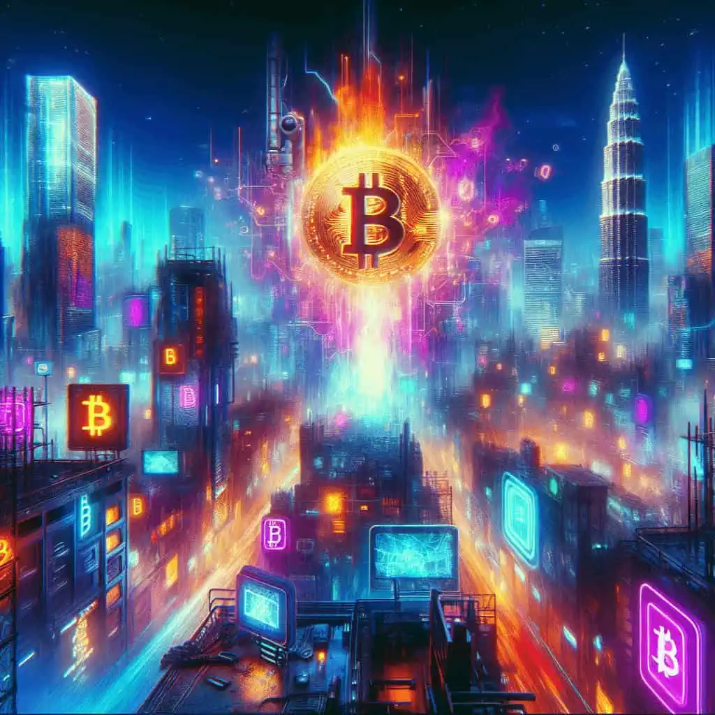A cyberpunk city skyline with neon-lit digital currency symbols and a silhouette of a corporate figure.