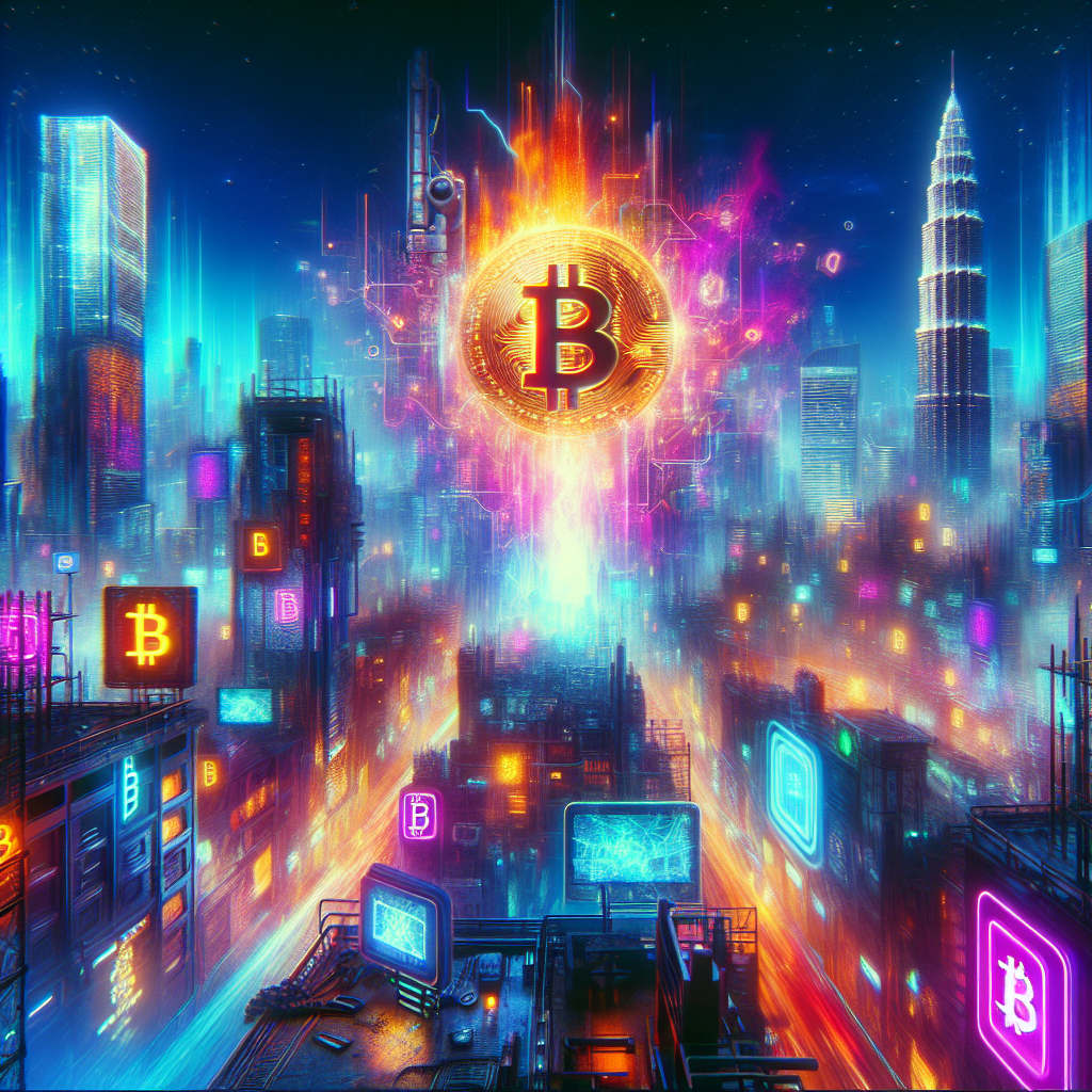 Image for: chatgpt_image_6557f90d.png A cyberpunk city skyline with neon-lit digital currency symbols and a silhouette of a corporate figure.