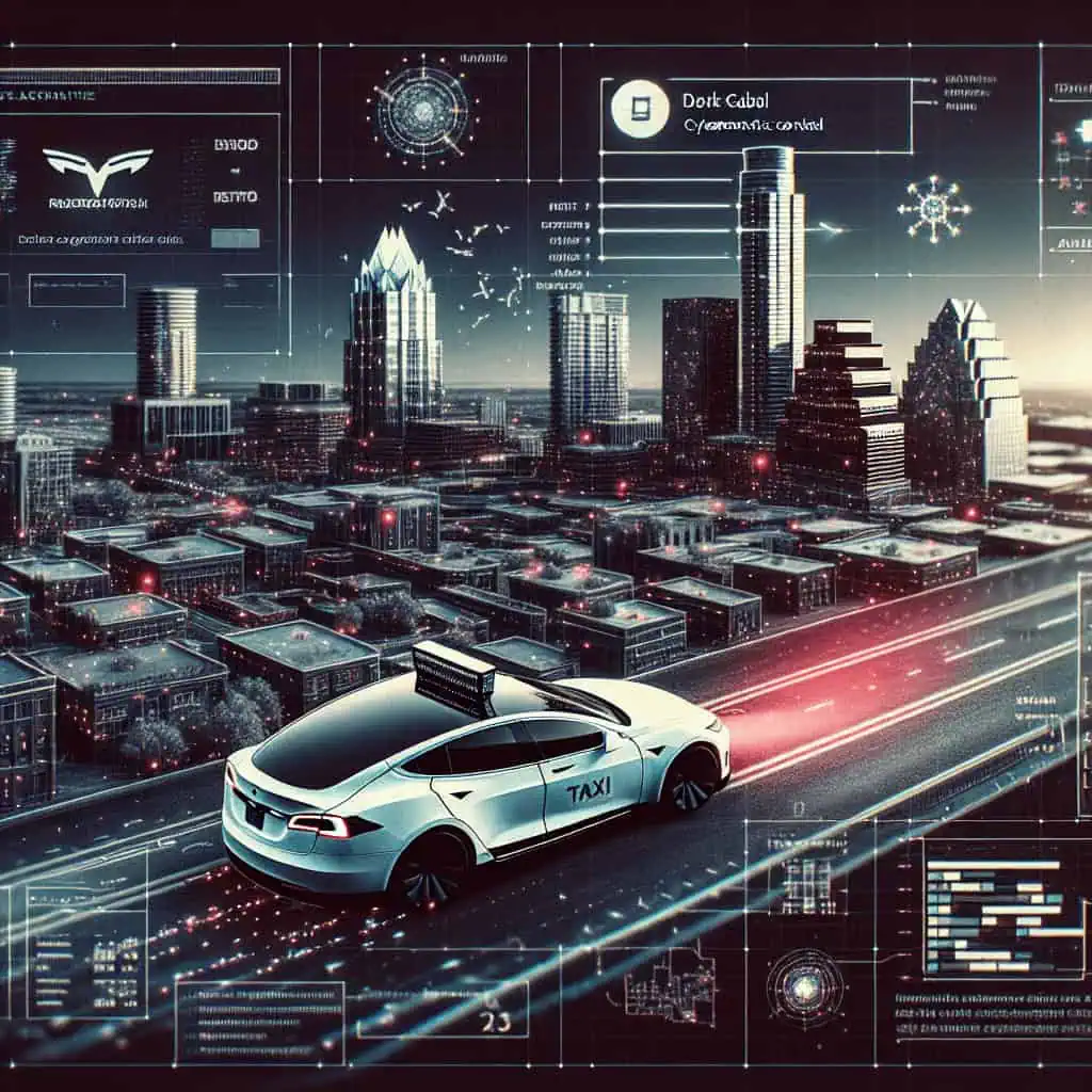 A futuristic city with Tesla Cybercab vehicles navigating neon-lit streets.