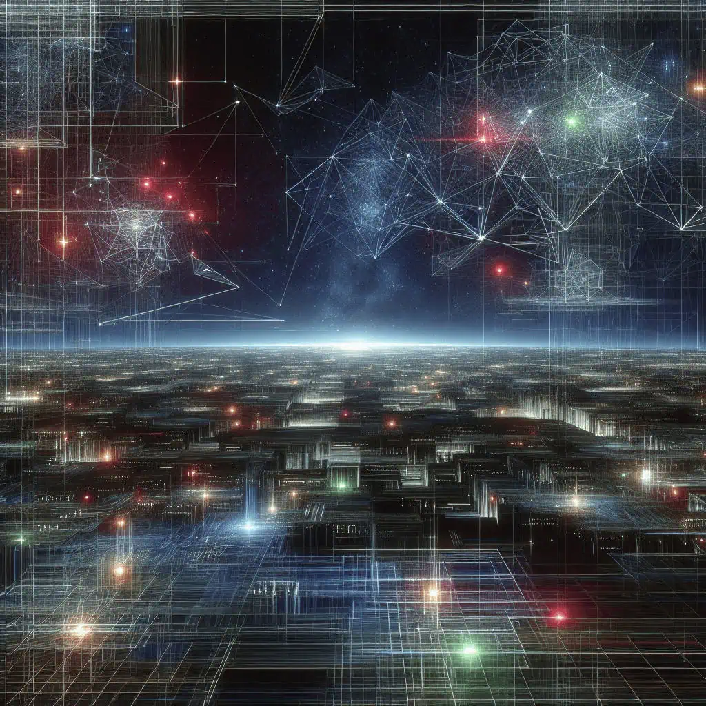 A cyberpunk cityscape viewed from above, captured by drones, with a futuristic and dystopian aesthetic.