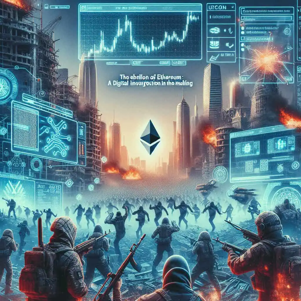 A visually striking cyberpunk cityscape with Ethereum logos and digital currency symbols, representing a dystopian tech future.