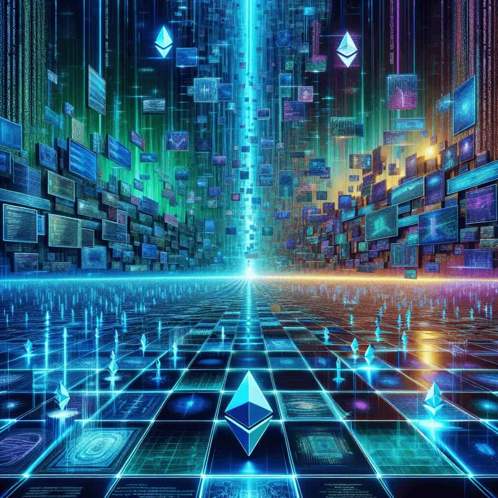 A cyberpunk cityscape featuring the Ethereum symbol, representing the digital evolution of blockchain technology.