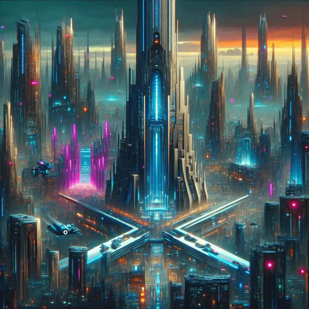A futuristic cityscape with AI-influenced architecture and neon lights, showcasing a blend of digital and physical realms.