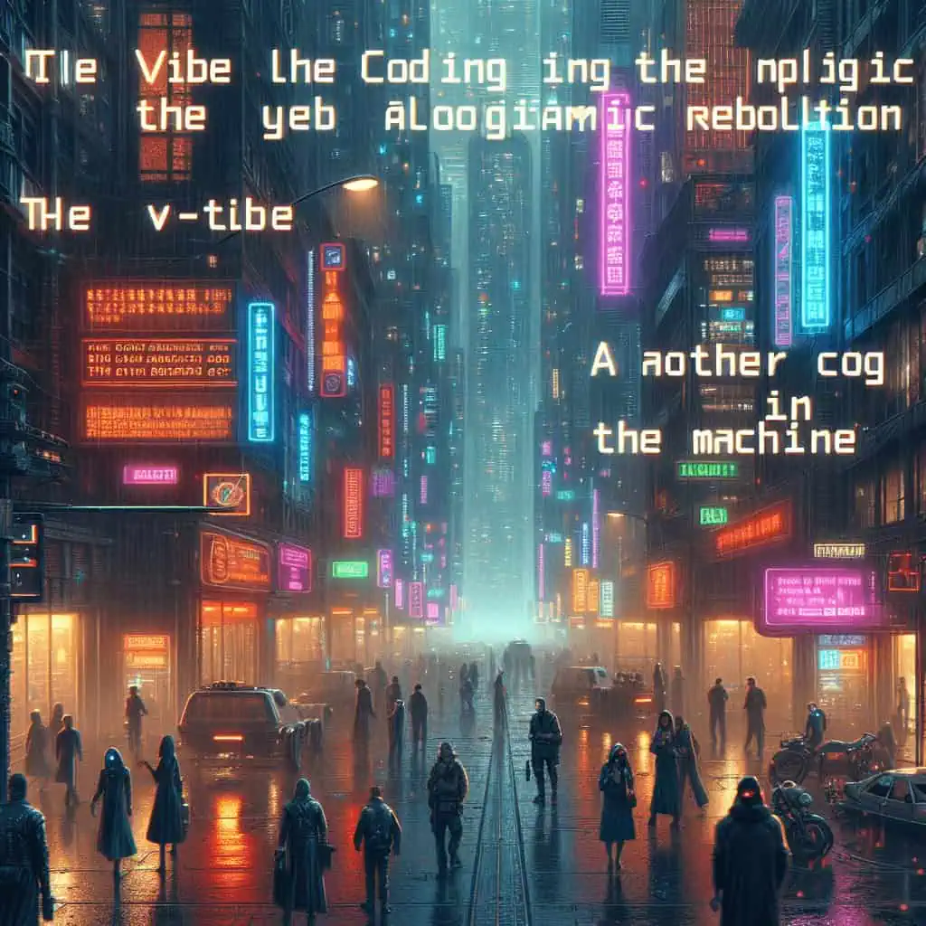 A cyberpunk cityscape with neon lights and a figure coding with holographic screens.