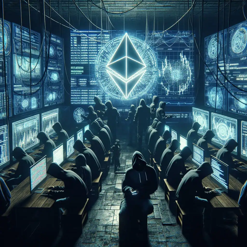 A cyberpunk cityscape with Ethereum symbols, representing a digital rebellion.