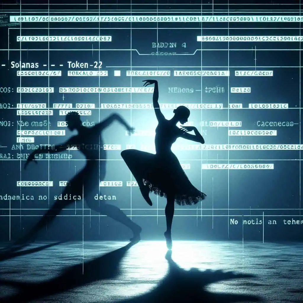 A cyberpunk cityscape with digital rain and a holographic Solana logo looming over shadowy figures.