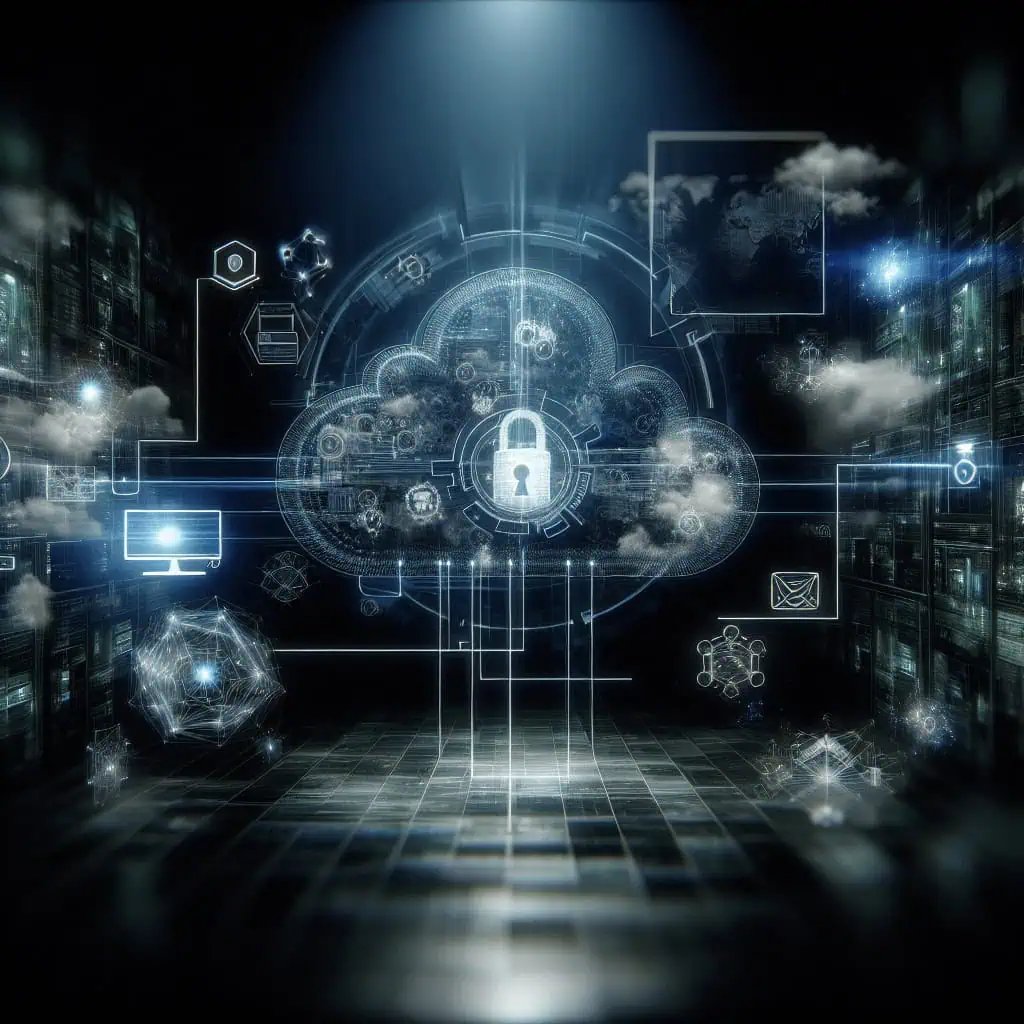 A cyberpunk-style depiction of a cloud data center under digital attack, with dark, dystopian aesthetics.