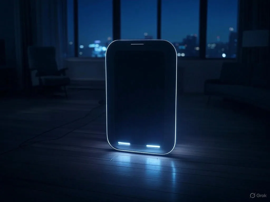 A futuristic office with a holographic AI bot analyzing multiple video screens in a cyberpunk setting