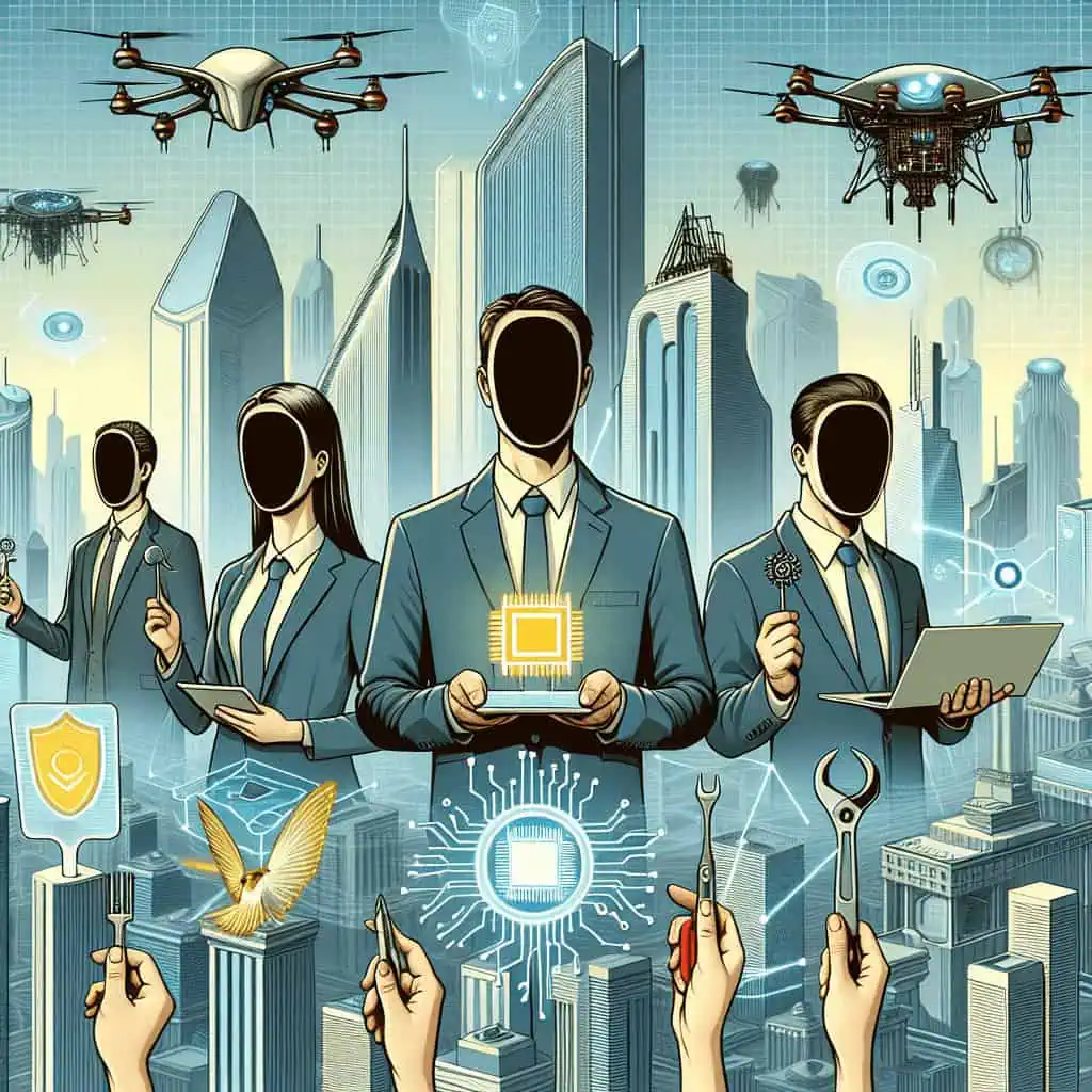 A cyberpunk city under surveillance, with drones monitoring citizens in a dystopian setting