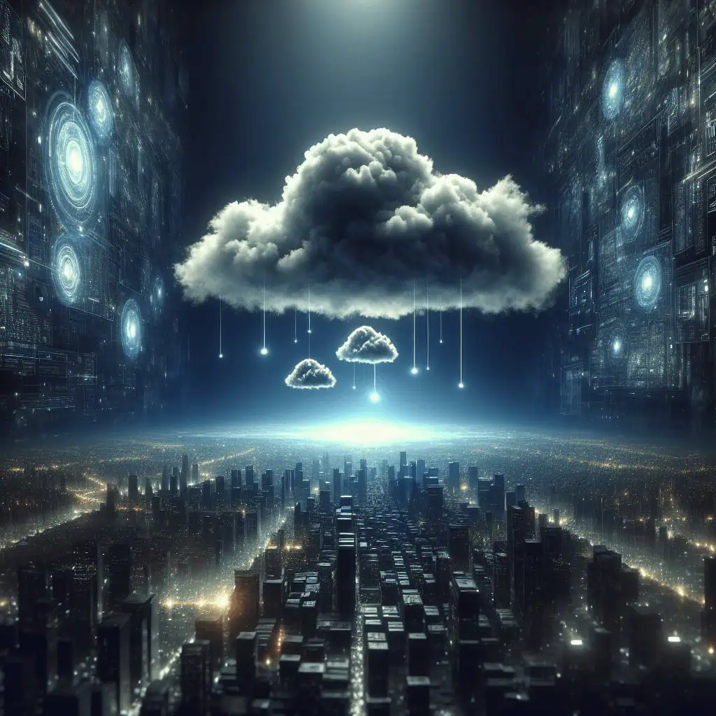 A cyberpunk cityscape featuring digital locks and surveillance drones, highlighting cloud security themes.