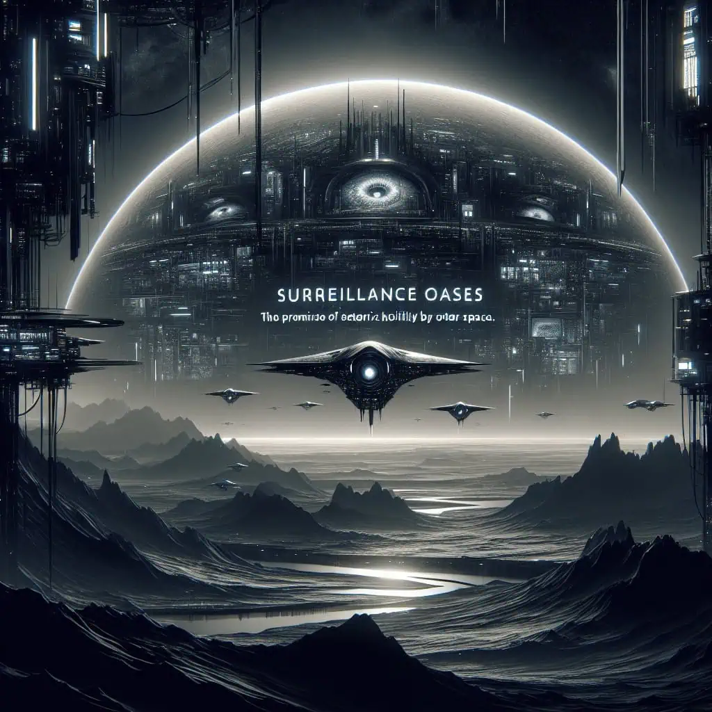 Futuristic space habitat with surveillance technology elements.