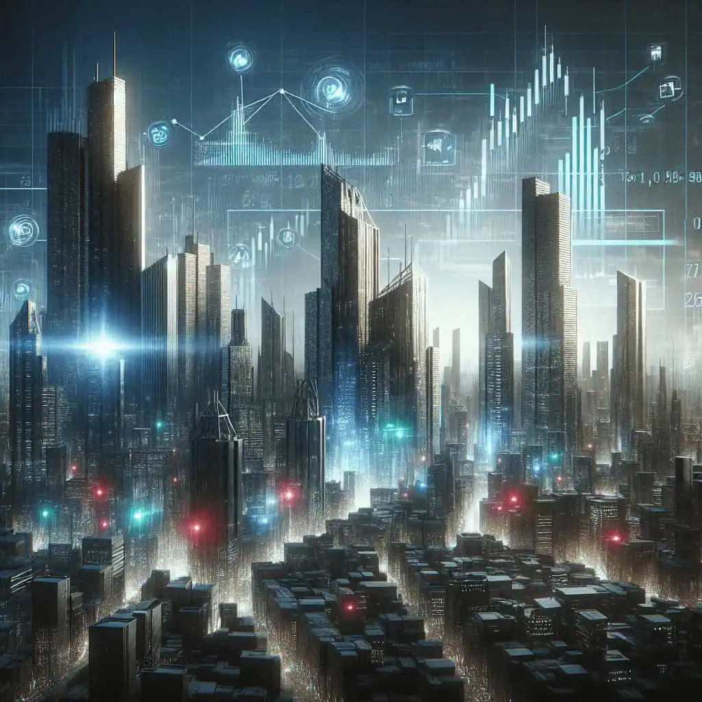 A cyberpunk cityscape with glowing screens displaying financial transactions, symbolizing the surveillance of digital finance.