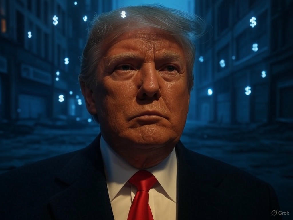 Image for: grok_image_70344489.png A futuristic cityscape with glowing neon signs and digital currency symbols like TRUMP and Bitcoin Hyper, representing the blend of finance and surveillance in a dystopian setting.