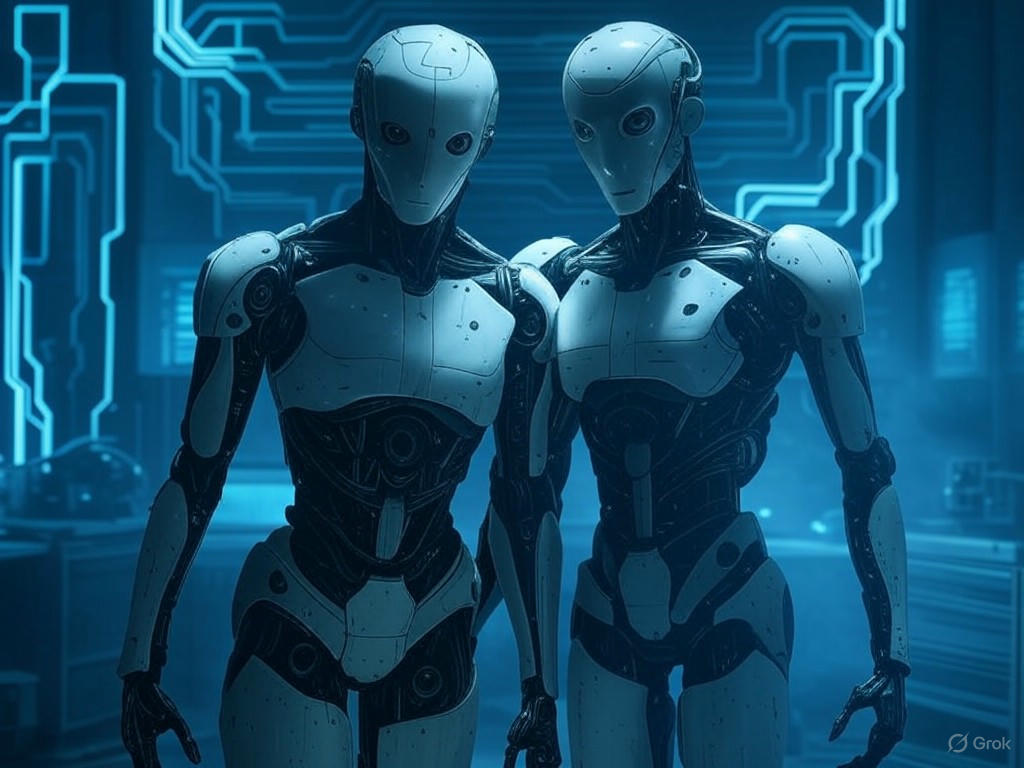 Image for: grok_image_ff4fc8b0.png Cyberpunk scene with hackers manipulating AI in a dark, tech-filled room.