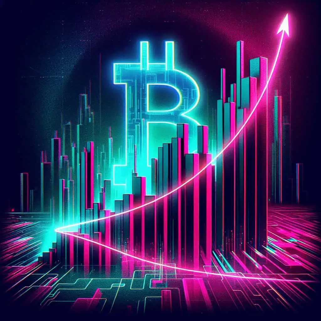 Futuristic city with Bitcoin symbols and digital networks, highlighting tech dystopia.