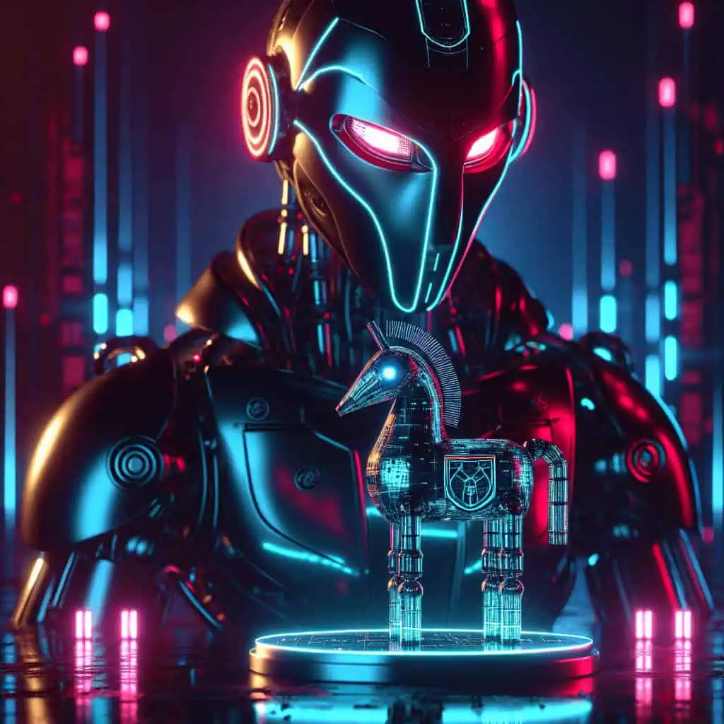 Cyberpunk urban scene with robots equipped with cameras monitoring citizens, highlighting AI surveillance.
