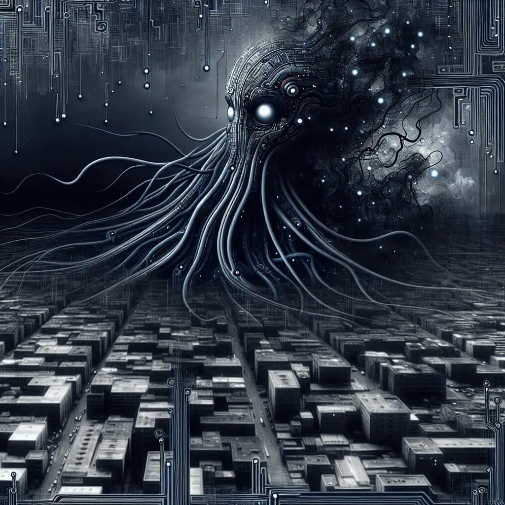 A cyberpunk artist surrounded by digital defenses, battling AI tentacles trying to corrupt their artwork.