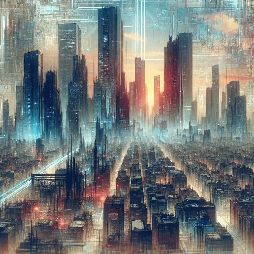A cyberpunk courtroom scene with AI holograms and judges.