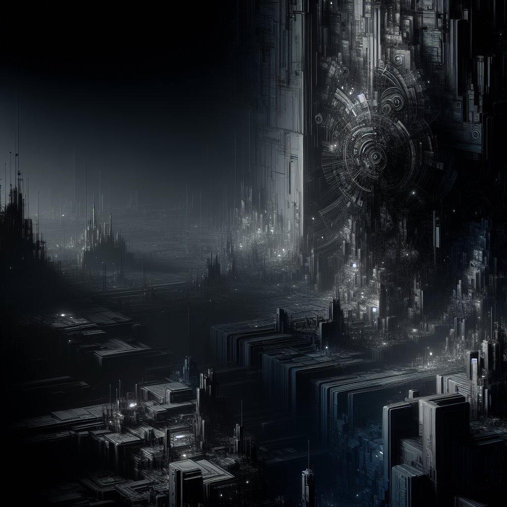 A dark, neon-lit cityscape with blockchain symbols representing the merging of DeFi and TradFi into a surveillance network.