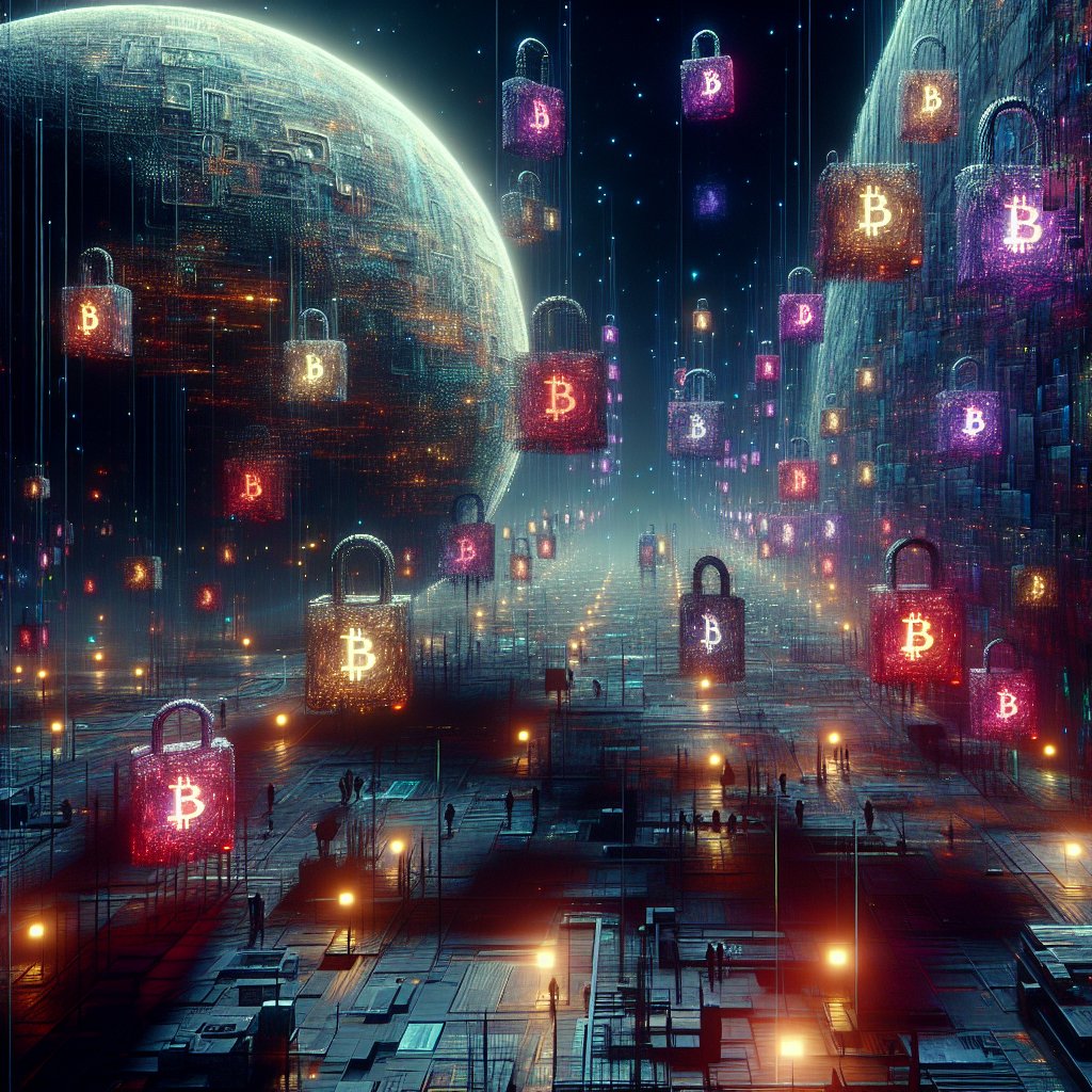 A cyberpunk city with glowing digital currency symbols amidst skyscrapers.