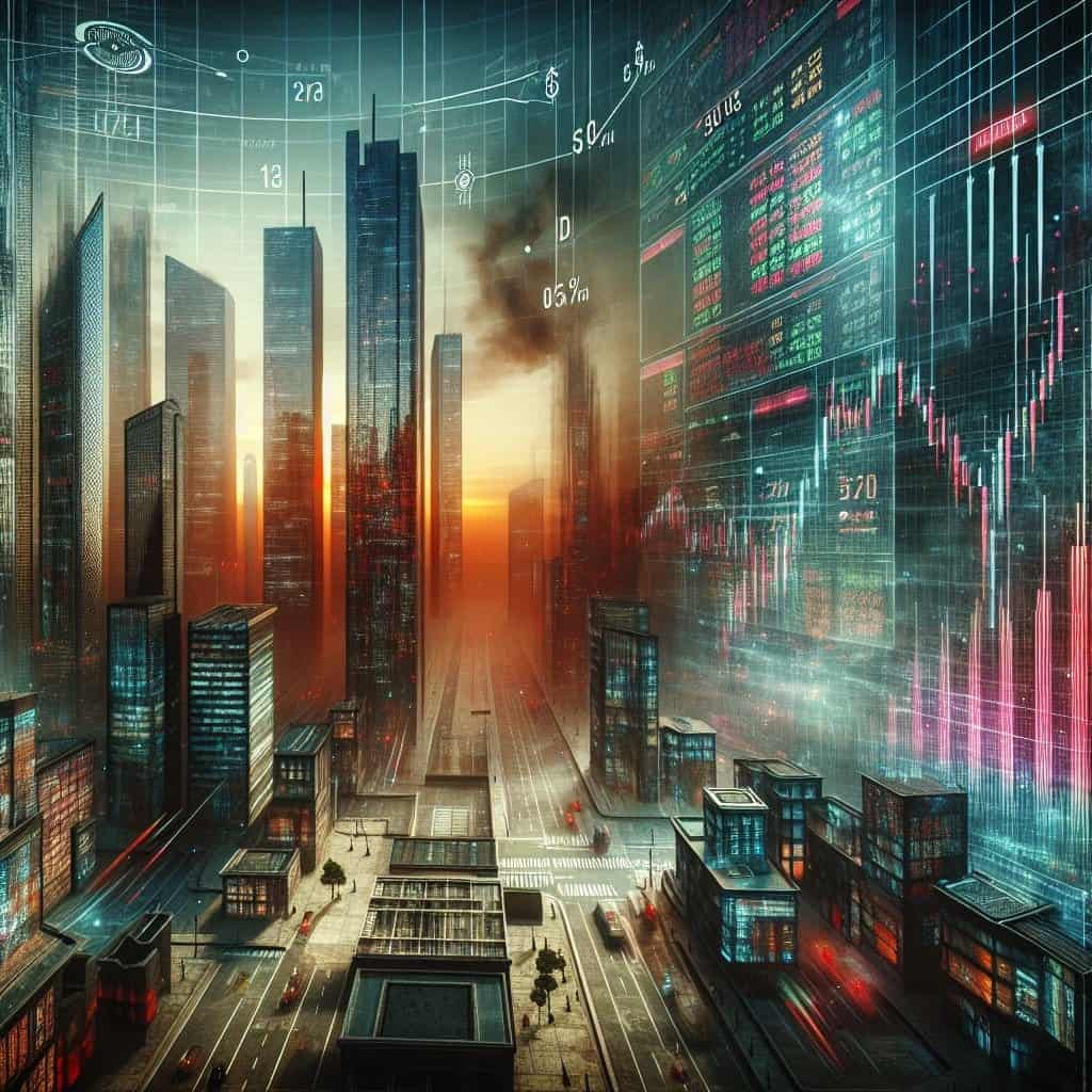A cyberpunk city skyline with a digital stock exchange backdrop.