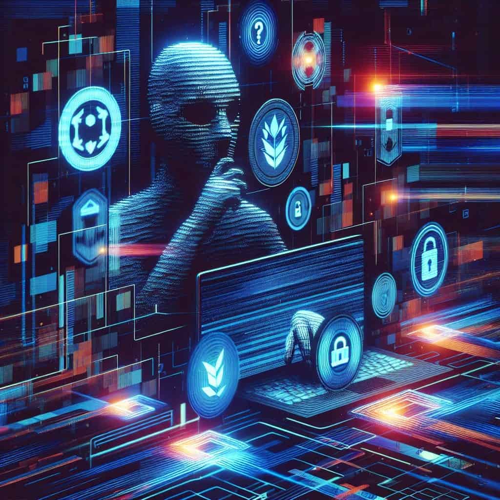 Cyberpunk city with interconnected blockchain nodes and digital networks.