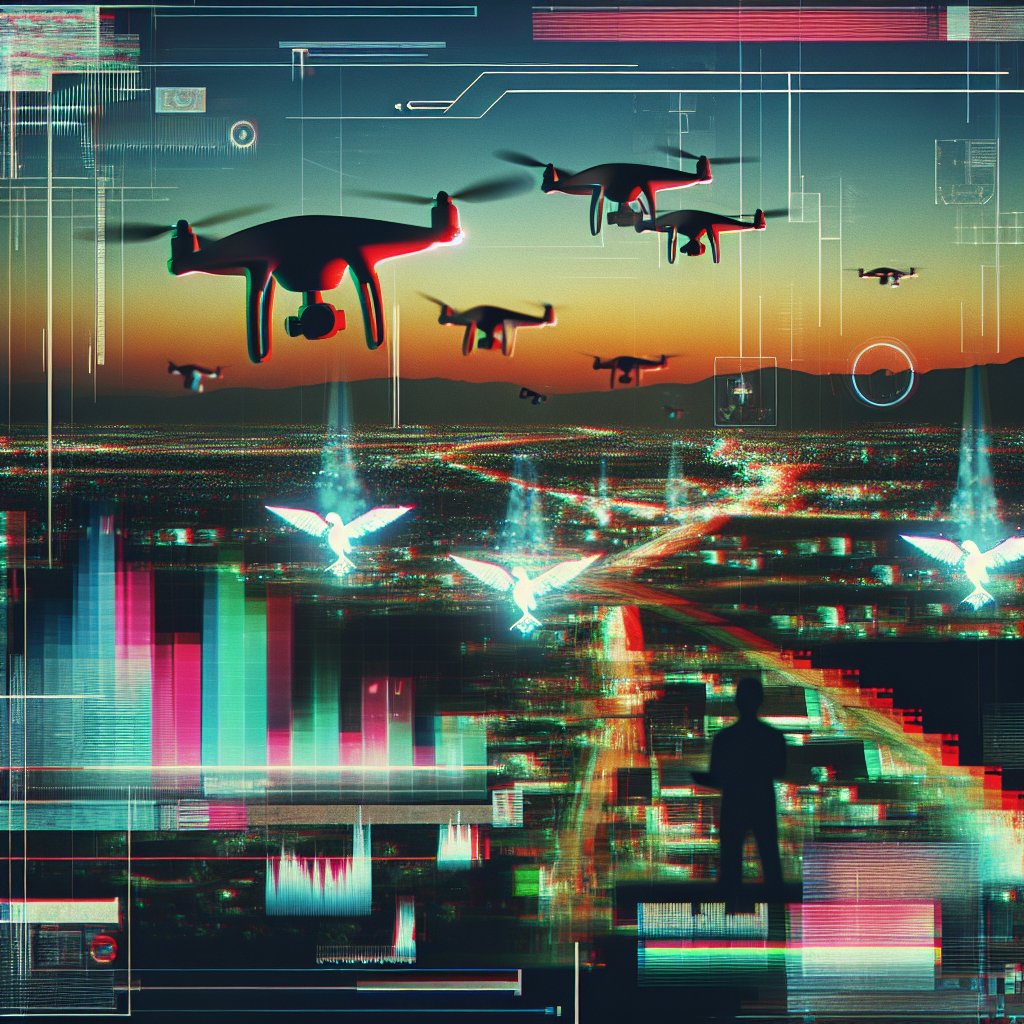 Cyberpunk cityscape filled with surveillance drones, symbolizing loss of privacy.