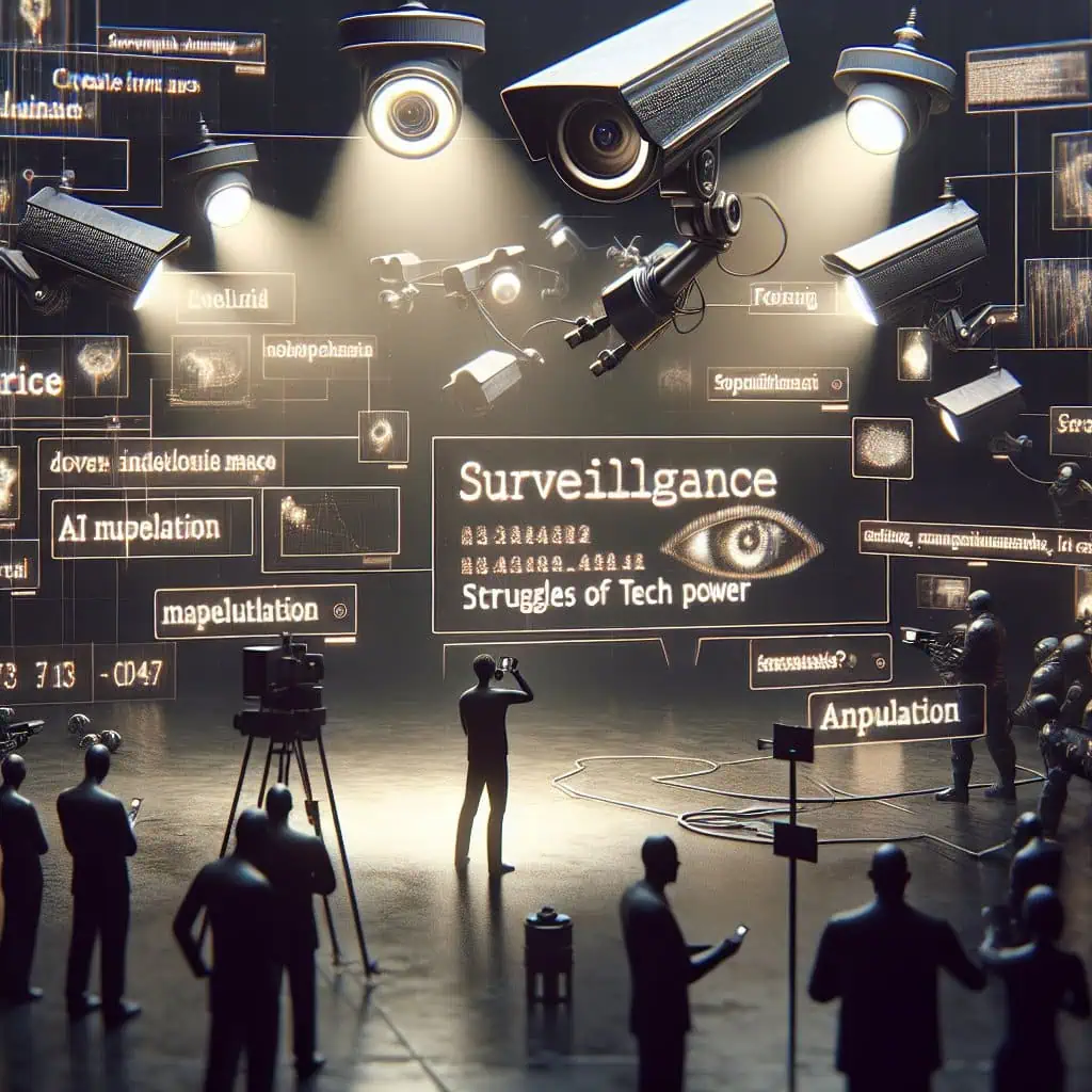 Illustration of Surveillance, AI Manipulation, and the Tech Power Struggle