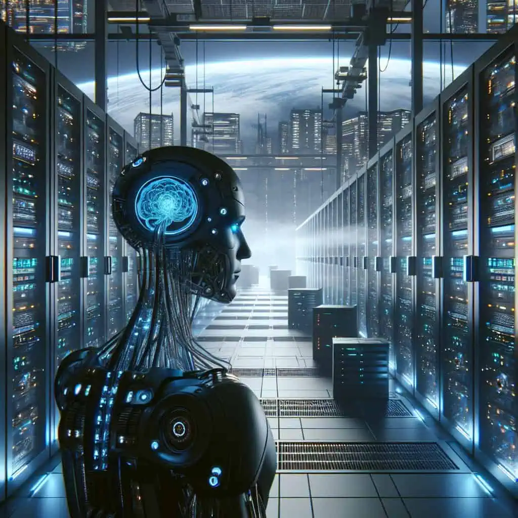 Illustration of AI's Job Impact and Space Data Centers: A Dystopian Vision
