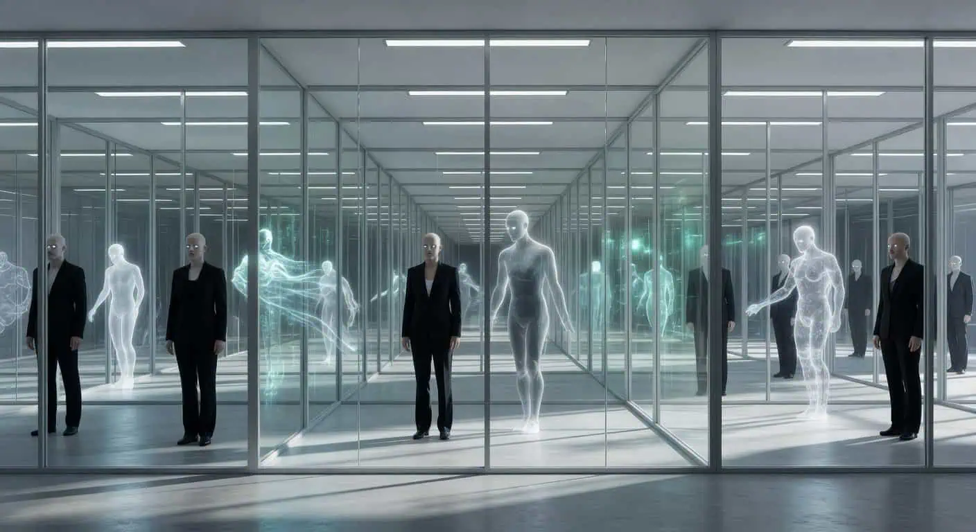 Illustration of Bio-Ghosts & AI Doppelgangers: The Corporate Grid’s New Human Traps